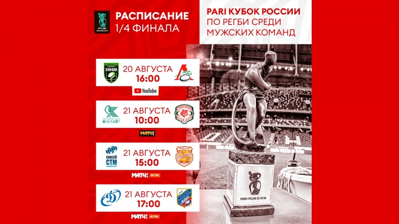 Расписание 1/4 финала PARI Кубка России по регби