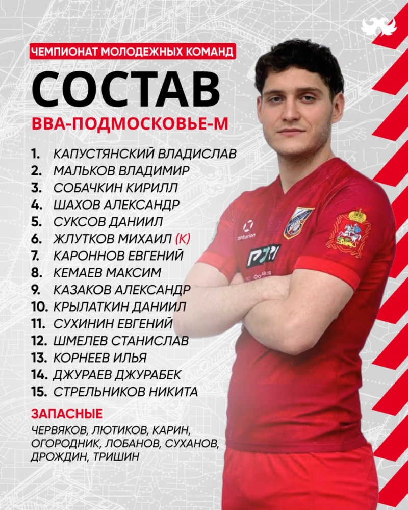 Тренерский штаб &laquo;ВВА-Подмосковья&raquo; определил состав игроков команды на матч Чемпионата молодёжных команд &laquo;ВВА-Подмосковье-м&raquo; - &laquo;Енисей-СТМ-м&raquo;.